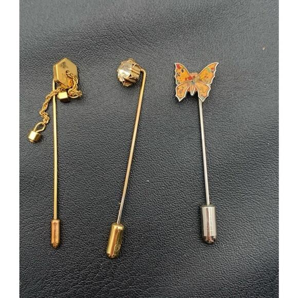 Vintage Lot Of 3 Stick Pins Lapel Butterfly Dangle And Rhinestone - Picture 1 of 5